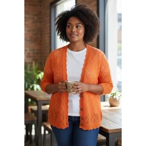(H-237)Torrid Womens Orange Open Knit Cardigan Sweater Size 2X Plus Short Sleeve